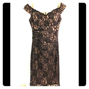 Black lace and nude cocktail dress